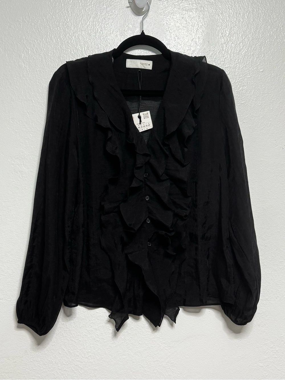 Zara Black Ruffle-Front Long Sleeve Blouse